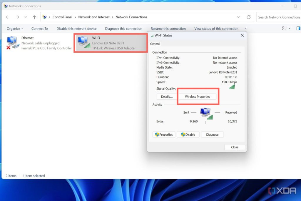 wifi password recovery for office networks Windows Network and Sharing Center Wireless Properties show characters checkbox