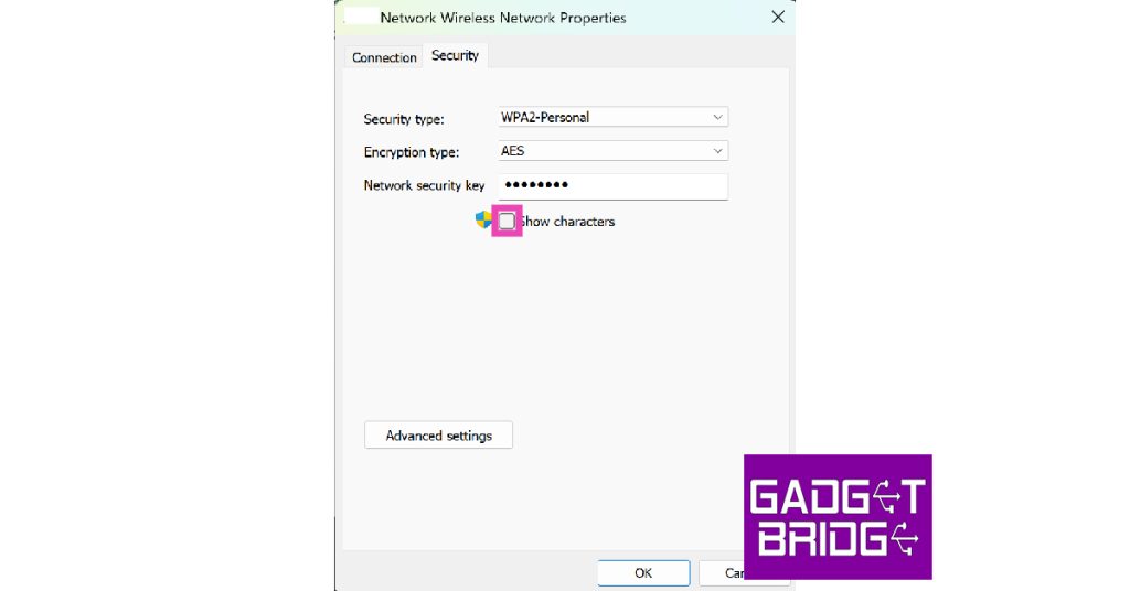 wifi password recovery for tp link Windows WiFi properties showing security key field with show characters option