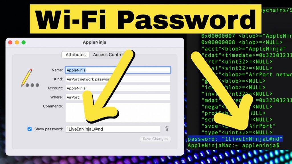 wifi password recovery mac Terminal window showing security command output with wifi password