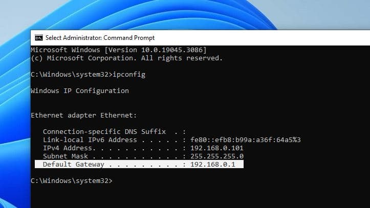 wifi password recovery on access point ipconfig command showing default gateway on Windows