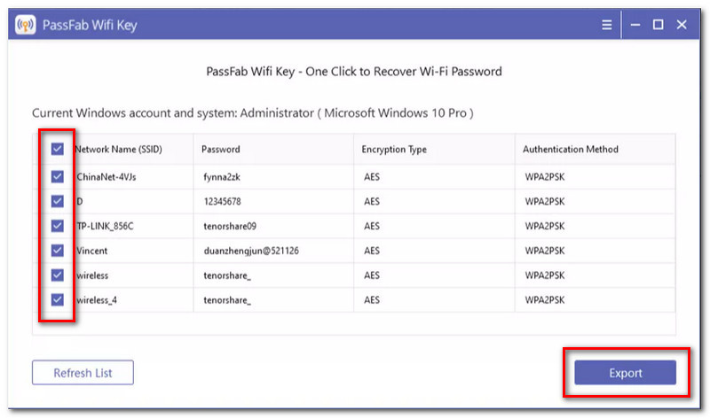 wifi password recovery premium WiFi Password Recovery Pro export dialog with CSV format selected and save button