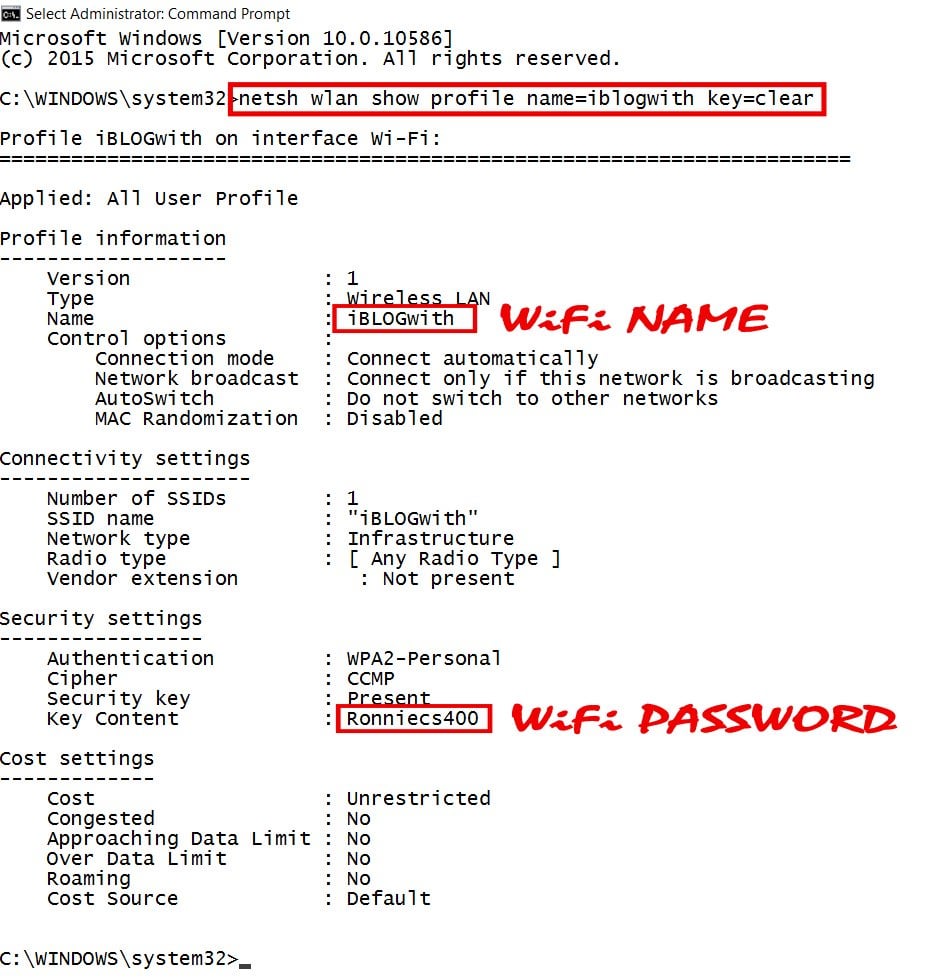 wifi password recovery script netsh command output showing WiFi password key content