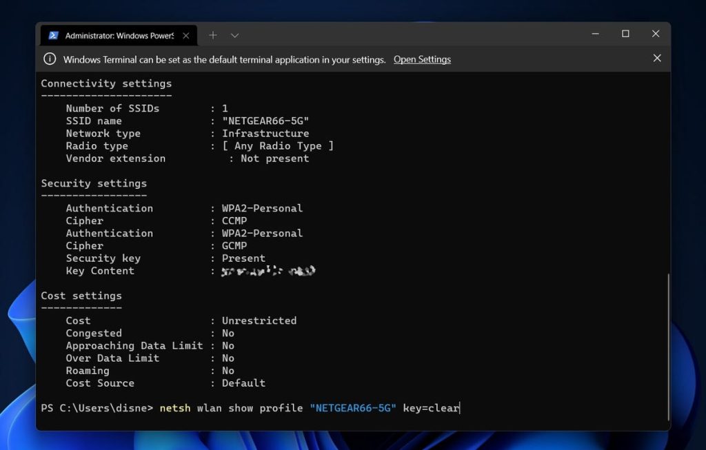wifi password recovery script Windows Terminal running as administrator