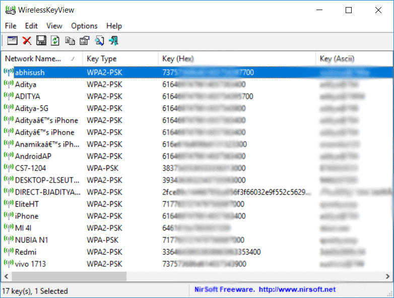 wifi password recovery software comparison WirelessKeyView software window showing saved WiFi passwords