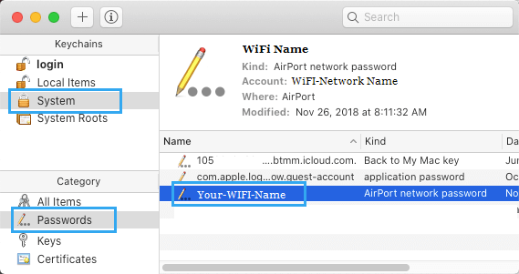 wifi password recovery tips Mac Keychain Access window with WiFi network name and password shown
