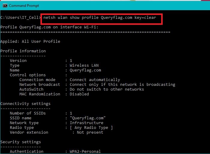 wifi password recovery using cmd netsh wlan show profile key=clear output showing Key Content password