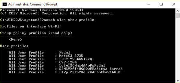 wifi password recovery using cmd netsh wlan show profiles command output list of WiFi networks