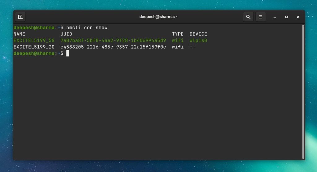 wifi password recovery using terminal Terminal showing nmcli connection show output with WiFi network names