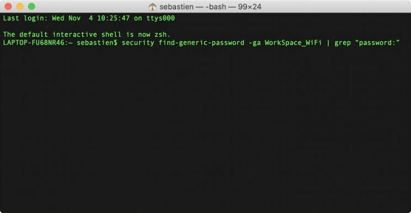 wifi password recovery using terminal Terminal showing security find-generic-password command output with WiFi password displayed