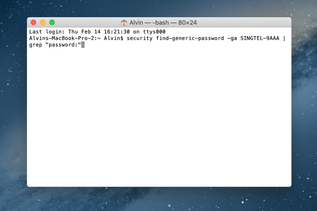 wifi password recovery via terminal macOS Terminal security find-generic-password command output
