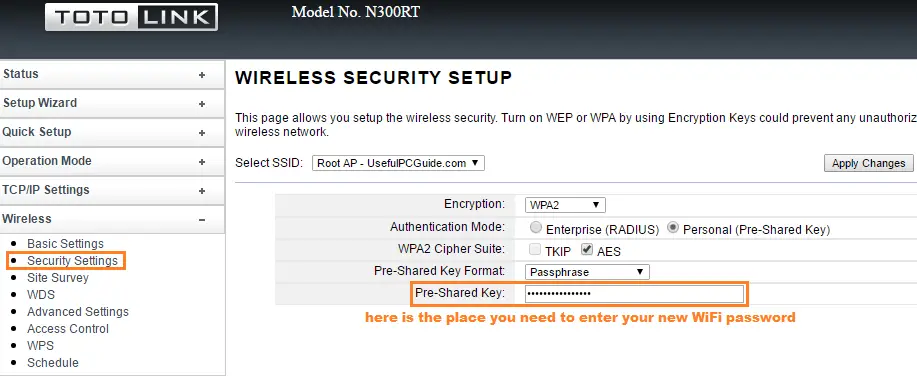 wifi password recovery with browser Router wireless security settings page with WiFi password field