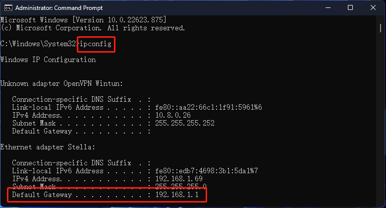 wifi password recovery with browser Windows Command Prompt ipconfig output showing Default Gateway IP address