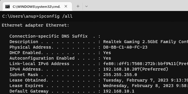 wifi password recovery with mac address Windows command prompt ipconfig all output showing physical address MAC address