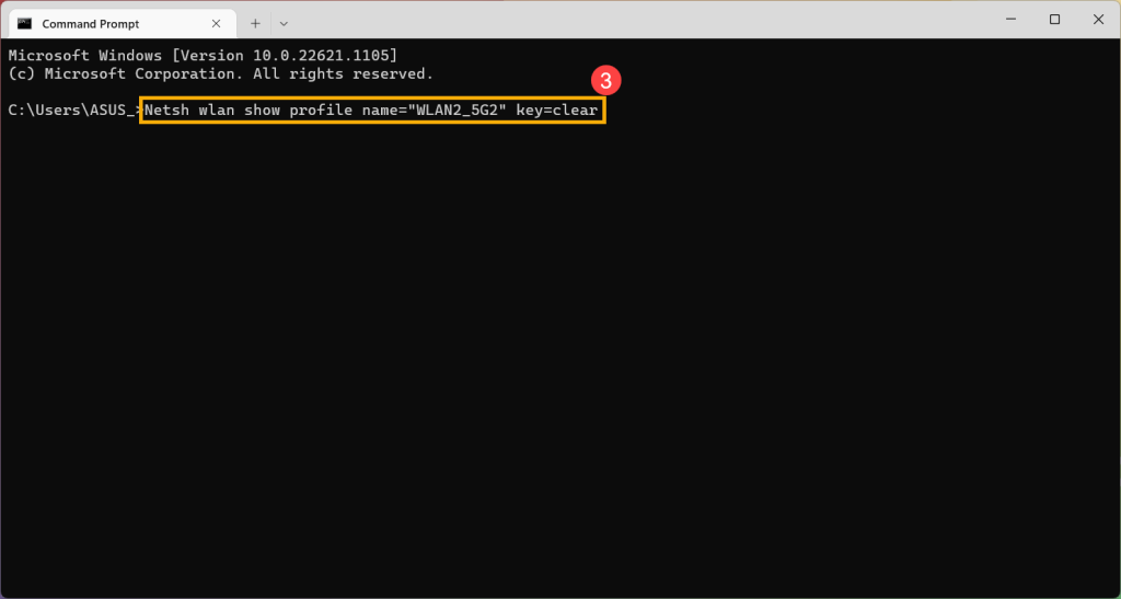 wifi password recovery with netsh netsh wlan show profile key=clear output showing key content password