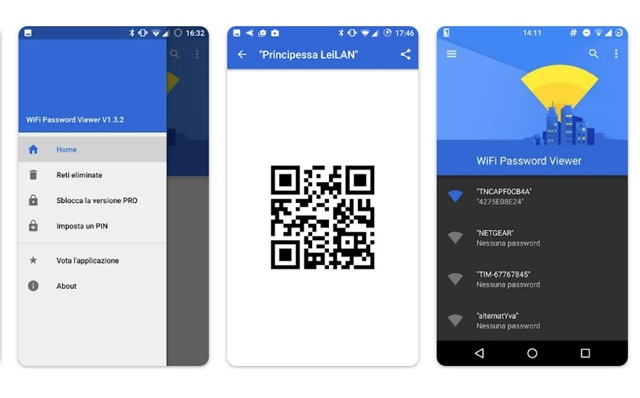 wifi password recovery without root android WiFi Password Viewer app interface showing list of networks with passwords