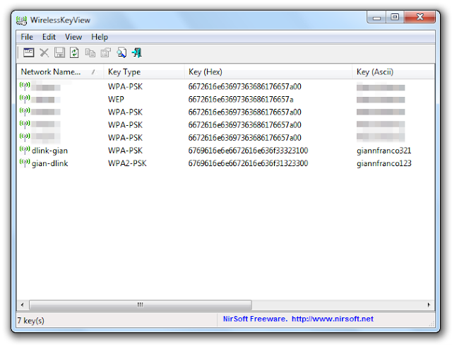 wireless password recovery app WirelessKeyView interface showing list of WiFi networks with passwords displayed