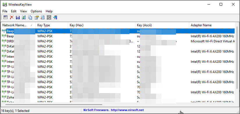 wireless password recovery app WirelessKeyView Windows app showing saved WiFi networks and passwords