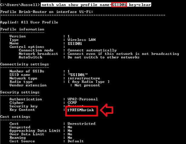 wireless password recovery windows Windows Command Prompt output showing list of saved WiFi profiles from netsh wlan show profiles