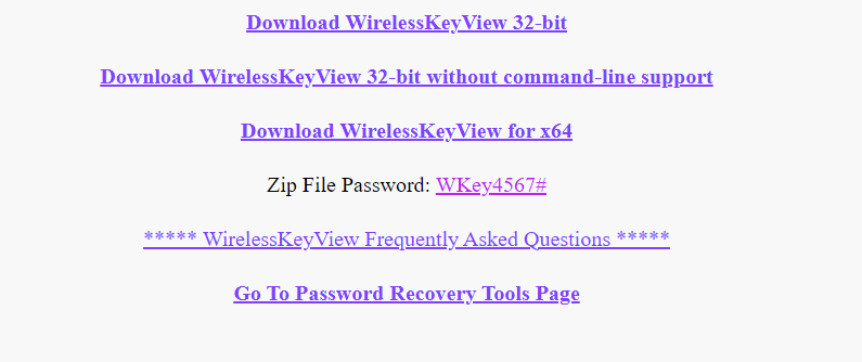 best wifi password recovery utility WirelessKeyView download page on NirSoft website showing portable ZIP file