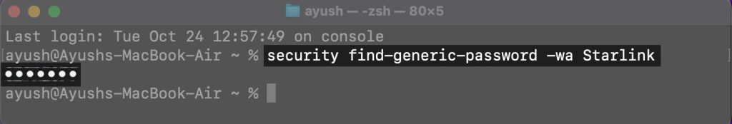 export wifi passwords mac Terminal window showing security command output with WiFi passwords