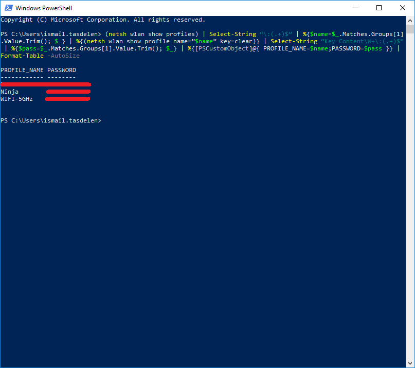 fastest wifi password recovery method Windows PowerShell terminal showing WiFi password command