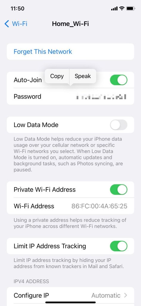 find saved wifi password iphone iPhone Wi-Fi network details screen showing masked password field