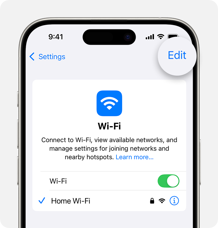 find saved wifi password iphone Wi-Fi network list on iPhone with blue info icon highlighted