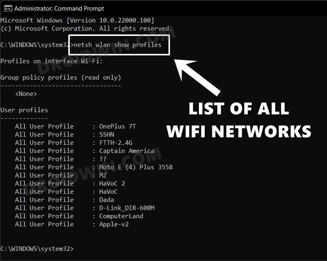 find saved wifi password on laptop Command Prompt window showing netsh wlan show profile command output with Key Content highlighted
