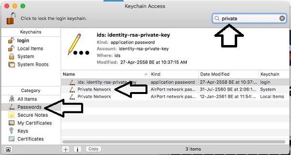 find saved wifi password on laptop macOS Keychain Access window with wifi network name searched