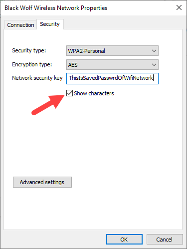 find saved wifi password on laptop Windows network properties showing WiFi security key with show characters checkbox
