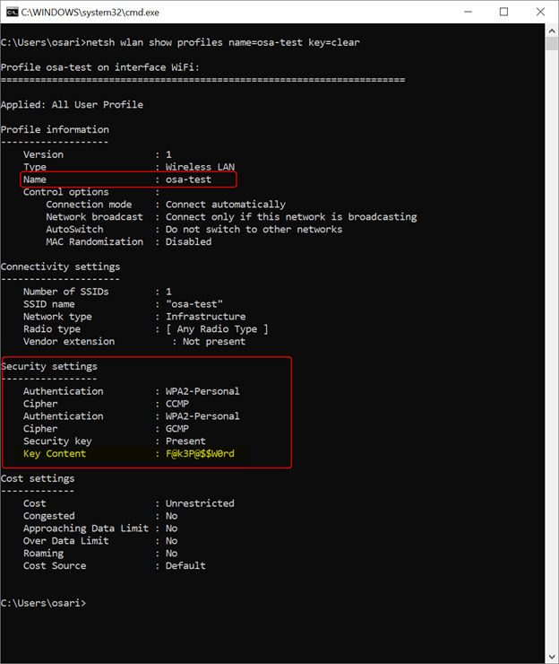 find saved wifi password on pc Command Prompt netsh wlan show profile key=clear output showing Key Content