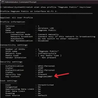 find saved wifi password using cmd Windows Command Prompt running as administrator