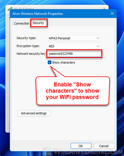find saved wifi password windows Windows Wireless Network Properties security tab show characters checkbox