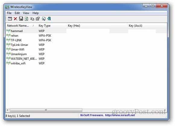 forgotten wifi password recovery software WirelessKeyView software interface showing WiFi passwords on Windows desktop
