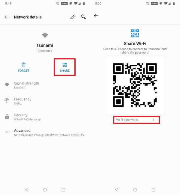 how to recover wifi password Android phone screen showing WiFi QR code with password below