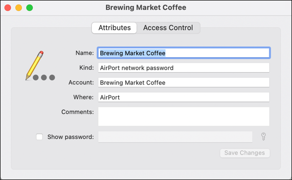 how to recover wifi password macOS Keychain Access showing AirPort network password entry with show password enabled