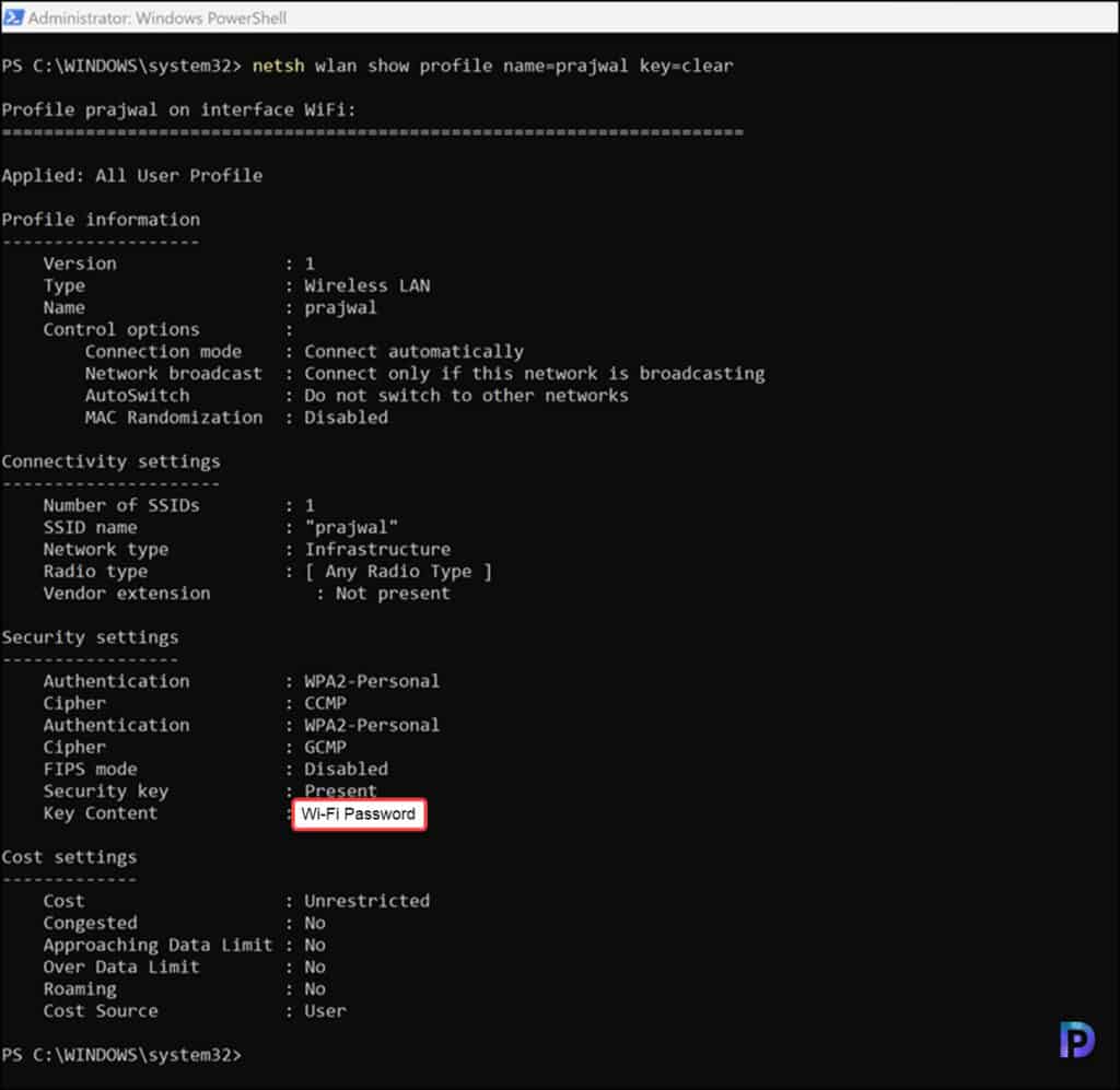 recover forgotten wifi password using powershell PowerShell output showing Key Content WiFi password