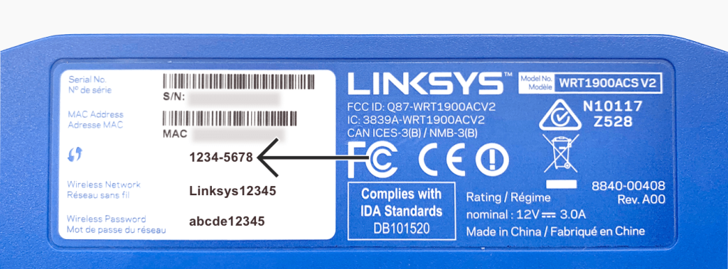 recover wifi password from linksys router Linksys router sticker with default WiFi password and SSID