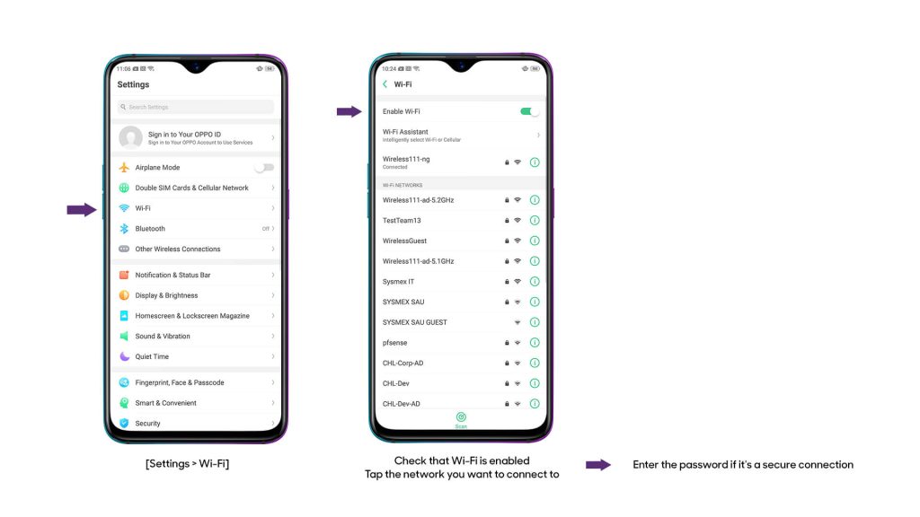recover wifi password on oppo Oppo phone WiFi settings screen with saved networks list