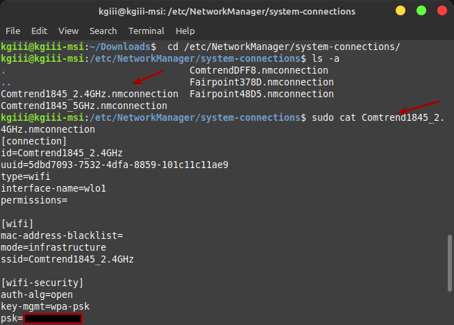 restore wifi passwords linux NetworkManager system connections directory in Linux terminal