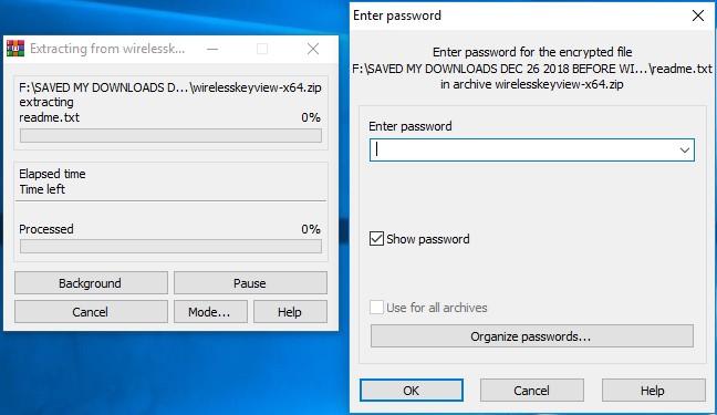 saved wifi password recovery app unzipping a downloaded folder with WirelessKeyView executable visible