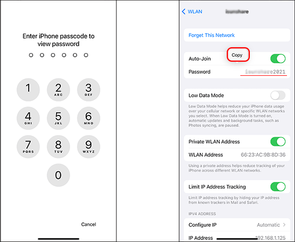 saved wifi password recovery iphone iPhone Wi-Fi settings tap info icon and password field screenshot