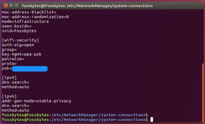 saved wifi password recovery linux text file on Linux desktop showing WiFi passwords