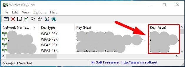 saved wifi password recovery software Windows WirelessKeyView interface with password list