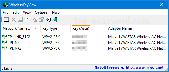 saved wifi password recovery software WirelessKeyView software screenshot showing saved WiFi passwords