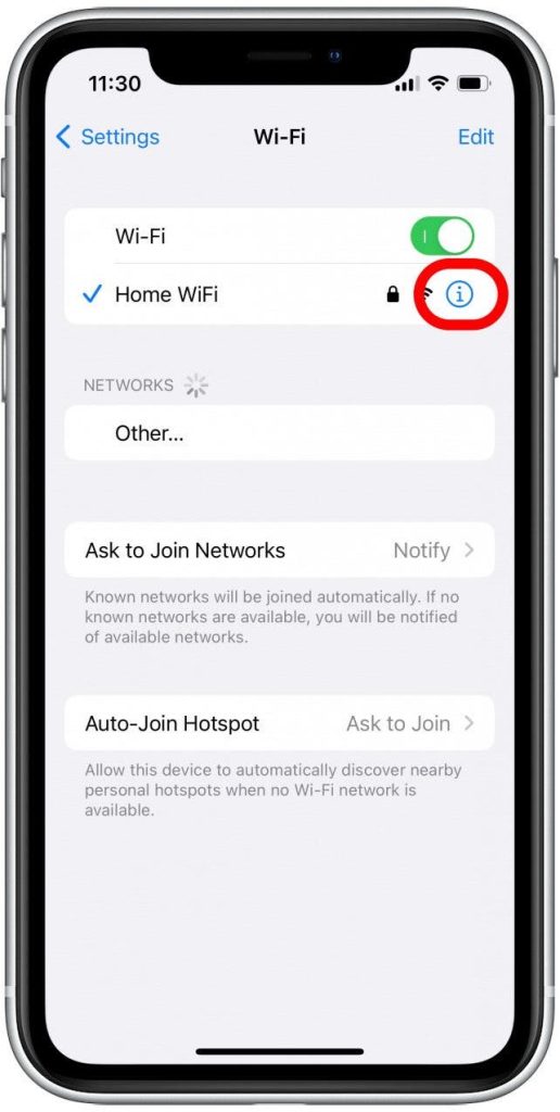 view saved wifi password iphone iPhone Wi-Fi network info screen with i icon