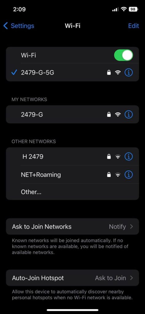 view saved wifi password iphone iPhone Wi-Fi settings menu showing network list