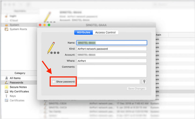 view saved wifi password mac Keychain Access dialog showing WiFi password with Show password checkbox checked