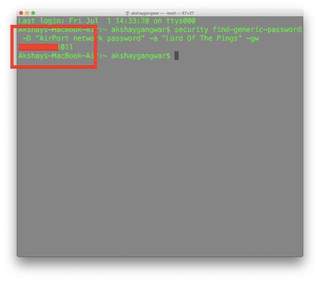 view saved wifi password mac Mac Terminal window with security command showing WiFi password output