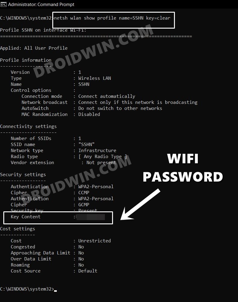 view saved wifi password without admin Windows command prompt netsh wlan show profile key=clear password